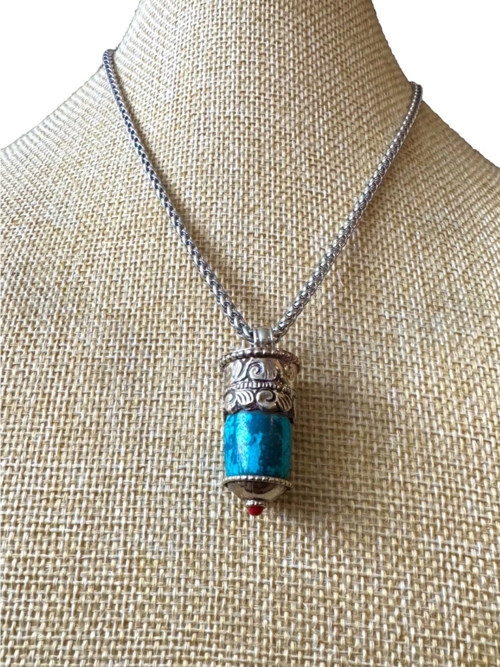 Handcrafted Traditional Tibetan Turquoise Amulet Pendant Set In Silver 1.5in,10g